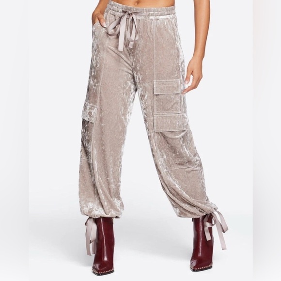 Jessica Simpson Velvet Cargo Pant Plus Size 3X Pearl Grey Drawstring Pockets NEW - Picture 3 of 16